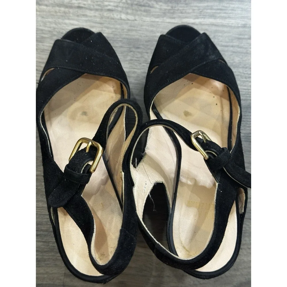 Stuart Weitzman Platform Wedges 5.5 Black Suede Y2K Peep Toe Chic Euro Summer